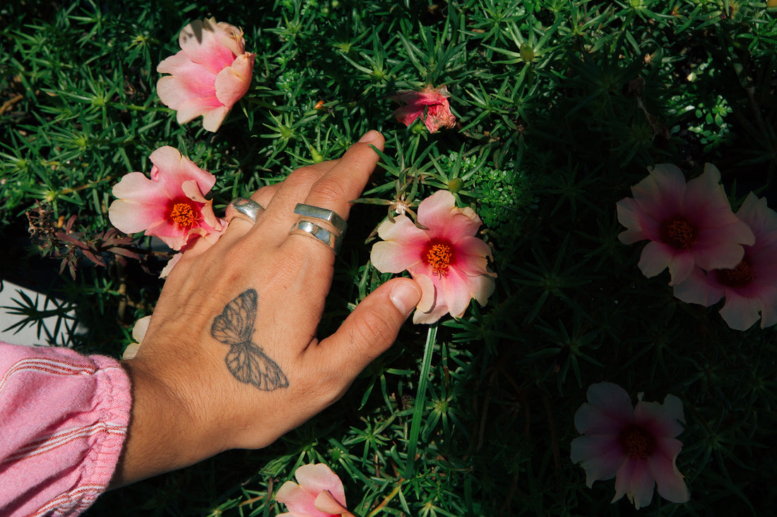 Hand with silver rings over the grass and flowers.
